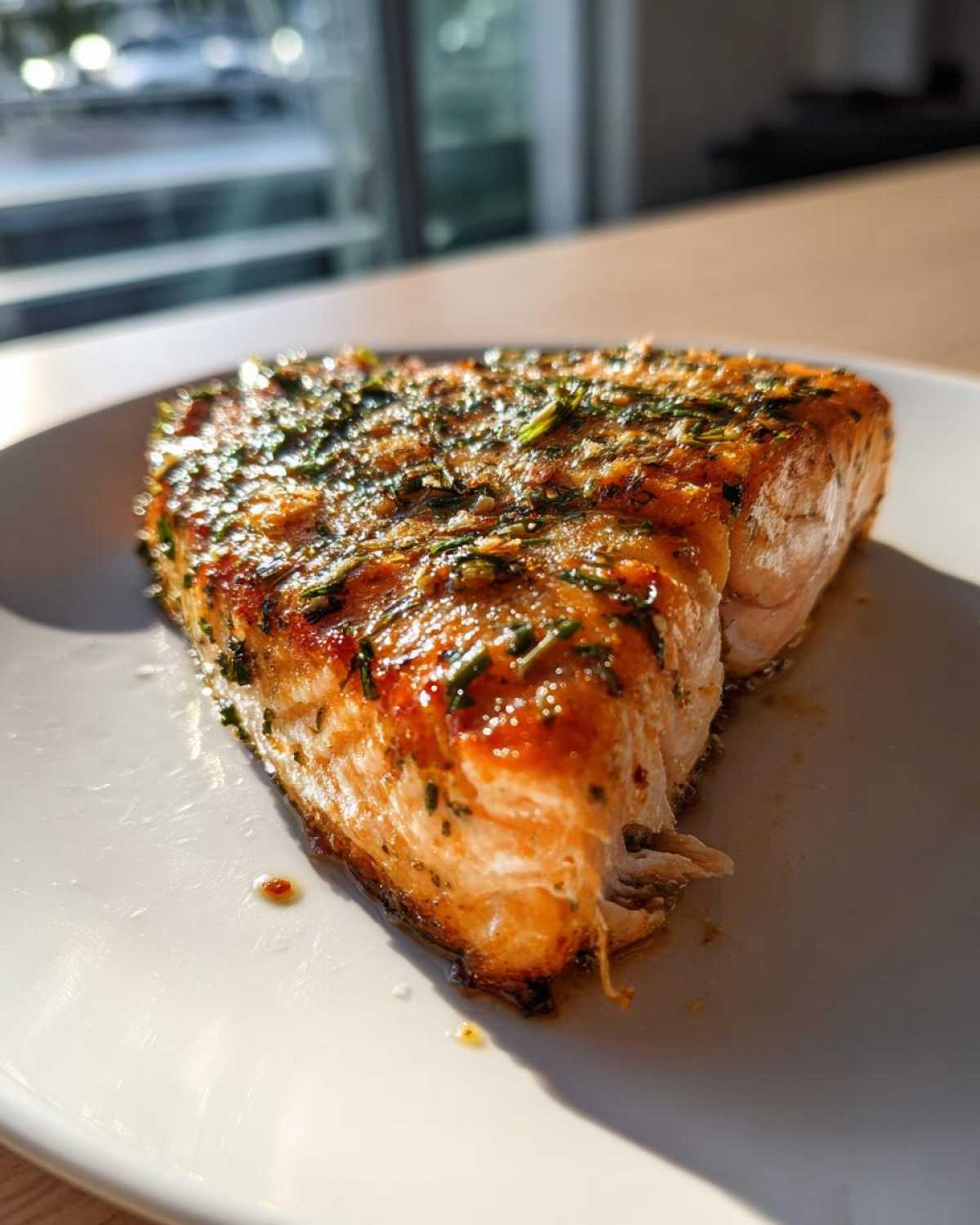 Close-up of a glistening, herb-crusted air fryer salmon fillet served on a white plate.