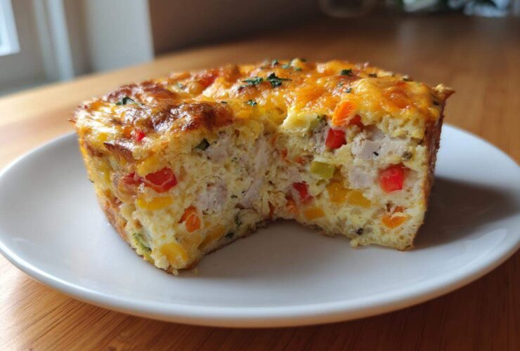 Cross-section view of a hearty egg bake slice showing chunks of chicken, colorful peppers, and a cheesy, browned top.
