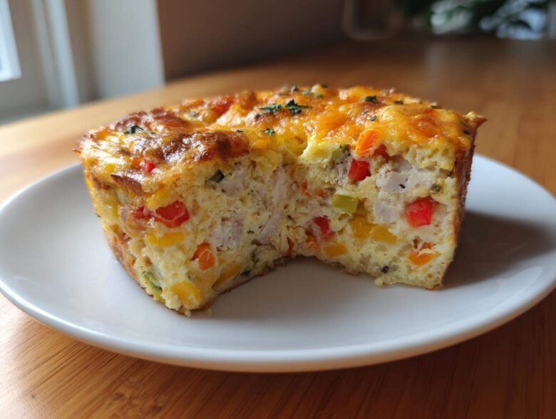 Cross-section view of a hearty egg bake slice showing chunks of chicken, colorful peppers, and a cheesy, browned top.