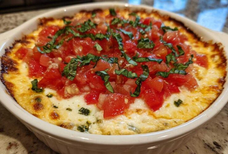 Close-up of a hot, baked 3-cheese bruschetta dip topped with fresh diced tomatoes and basil.