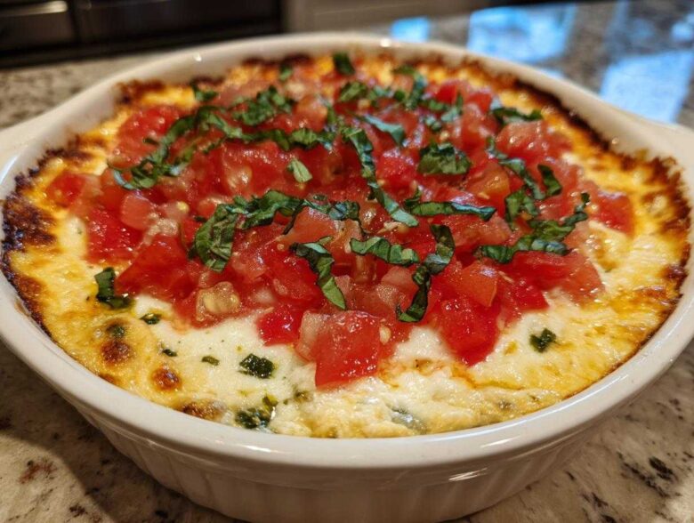 Close-up of a hot, baked 3-cheese bruschetta dip topped with fresh diced tomatoes and basil.