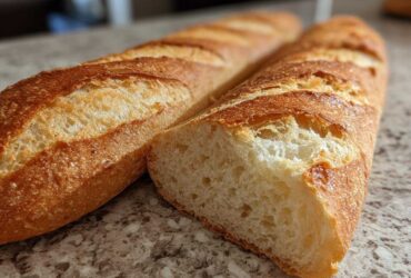 Close-up of a freshly baked french bread baguette, showing a golden, scored crust and the soft interior crumb.