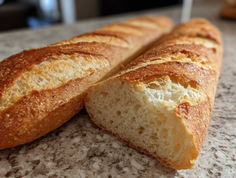 Close-up of a freshly baked french bread baguette, showing a golden, scored crust and the soft interior crumb.