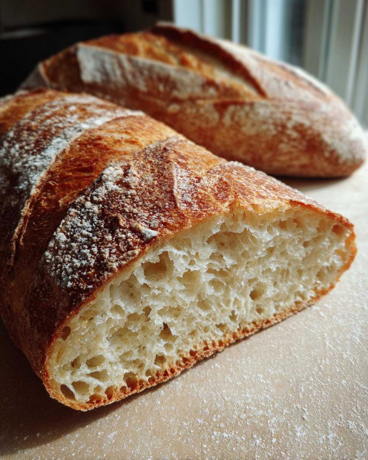 Close-up of a freshly baked french bread loaf, showing the airy, open crumb structure and golden crust.