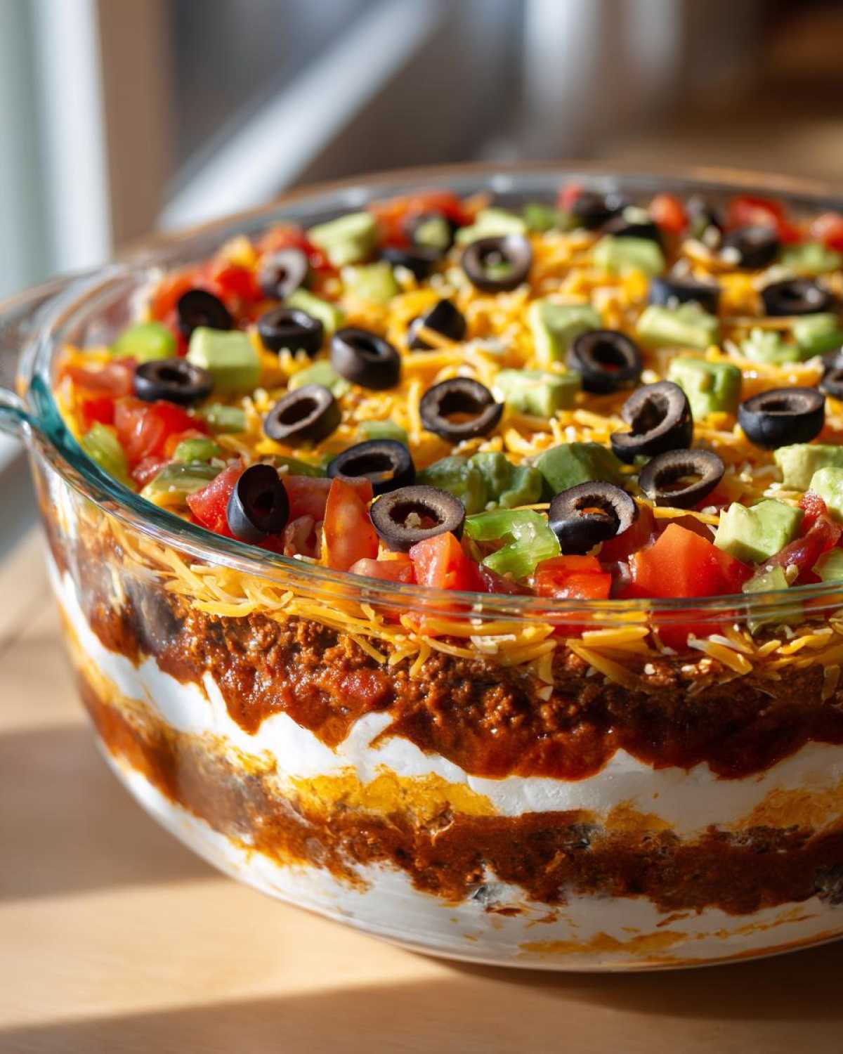 Close-up side view of a glass dish filled with a vibrant 7 layer dip, showing distinct layers and toppings of olives, tomatoes, and green onions.