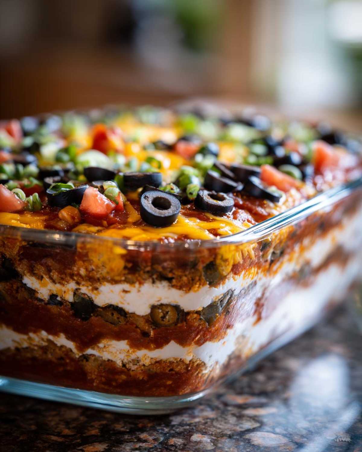 Close-up view showcasing the distinct layers of an amazing 7 layer dip topped with cheese, olives, and green onions.