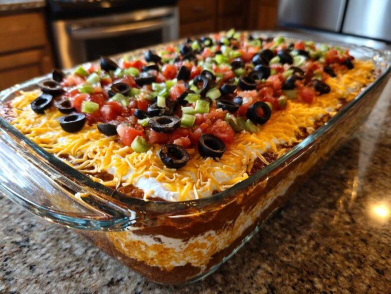 Close-up of a vibrant, fully assembled 7 layer dip in a clear glass dish, topped with cheese, olives, tomatoes, and green onions.