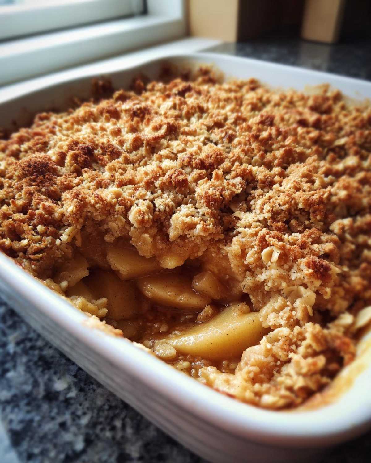 Close-up of a golden brown, crunchy topping on a freshly baked apple crisp recipe in a white baking dish.