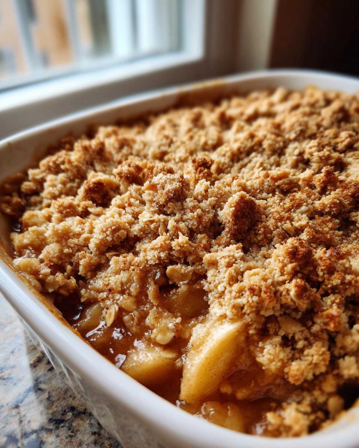Close-up of a freshly baked apple crisp recipe in a white dish, showing bubbling fruit filling and a crunchy oat topping.