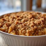 Close-up of a baked apple crisp recipe in a white dish, featuring a thick, golden-brown, crumbly topping.
