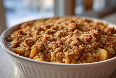Close-up of a baked apple crisp recipe in a white dish, featuring a thick, golden-brown, crumbly topping.