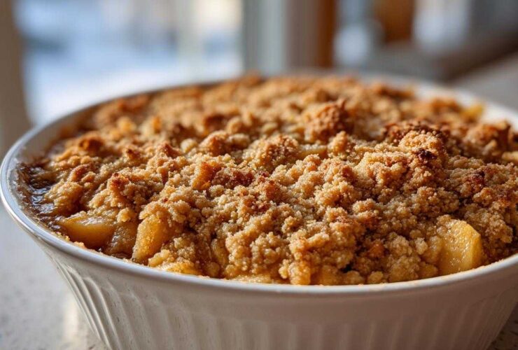 Close-up of a baked apple crisp recipe in a white dish, featuring a thick, golden-brown, crumbly topping.