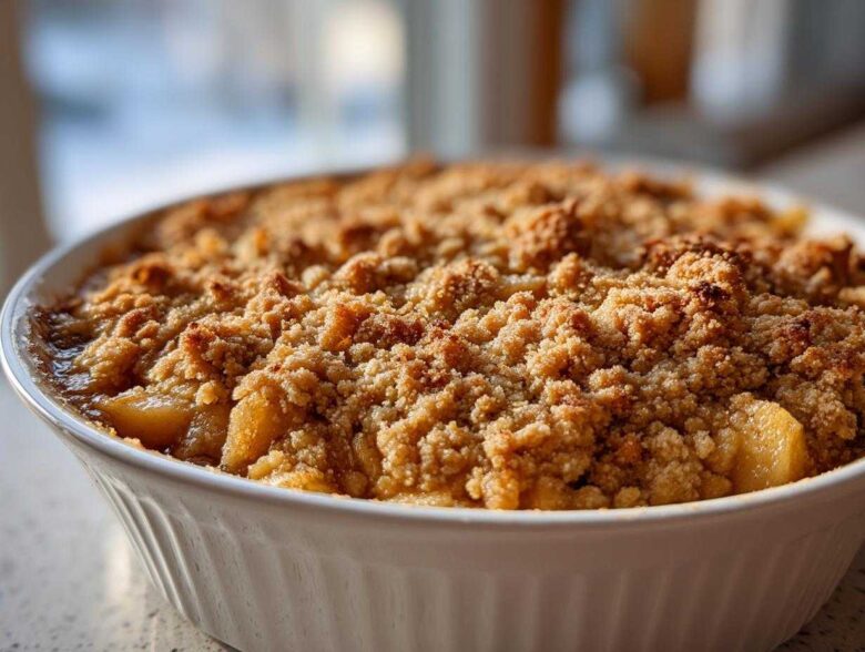 Close-up of a baked apple crisp recipe in a white dish, featuring a thick, golden-brown, crumbly topping.
