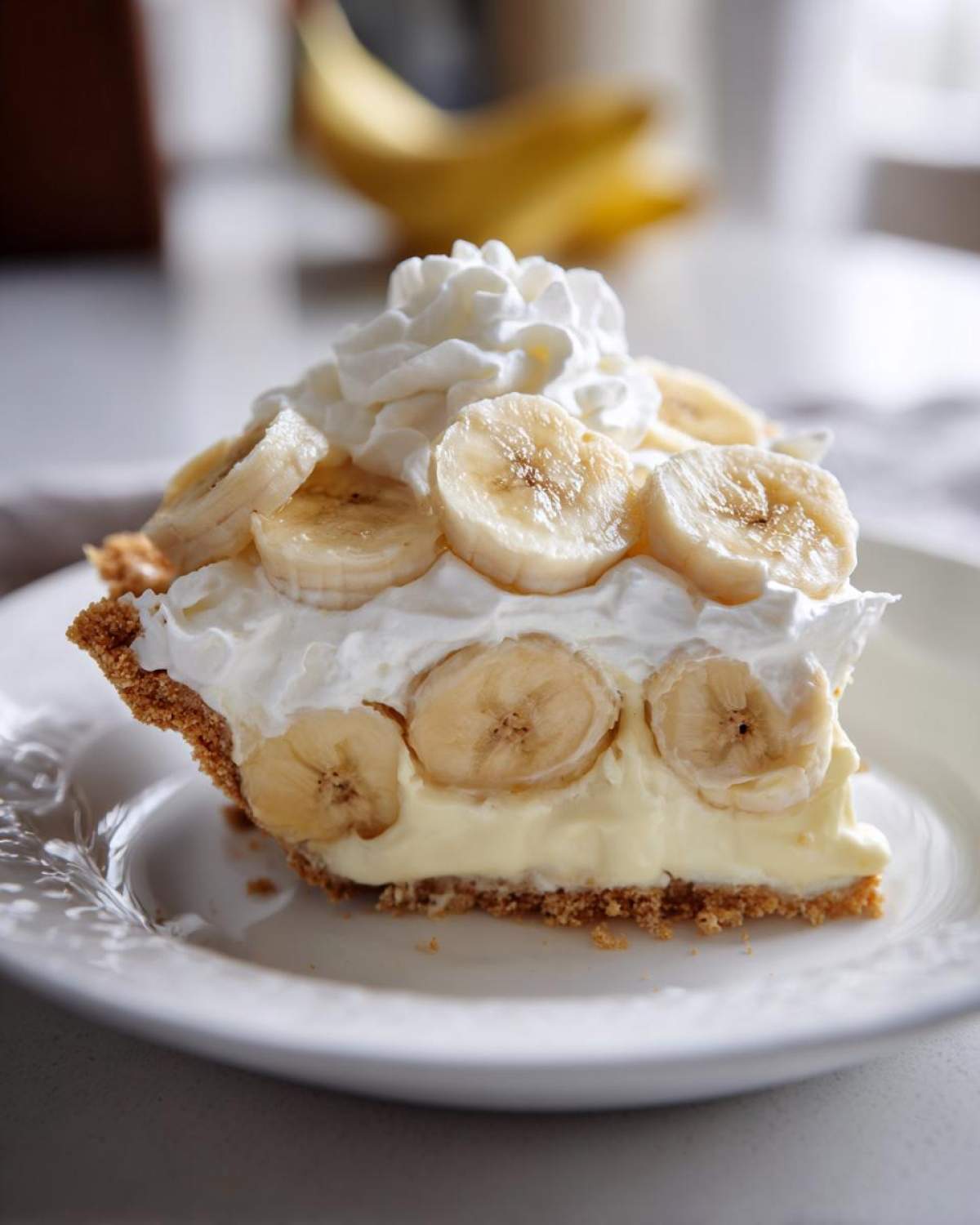 A perfect slice of amazing banana cream pie recipe on a white plate, topped with whipped cream and fresh banana slices.
