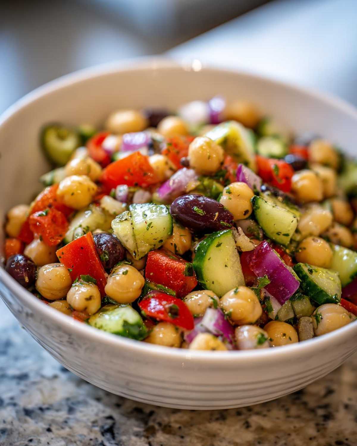 Close-up of a vibrant, high protein bean salad featuring chickpeas, cucumber, red onion, tomato, and Kalamata olives in a white bowl.