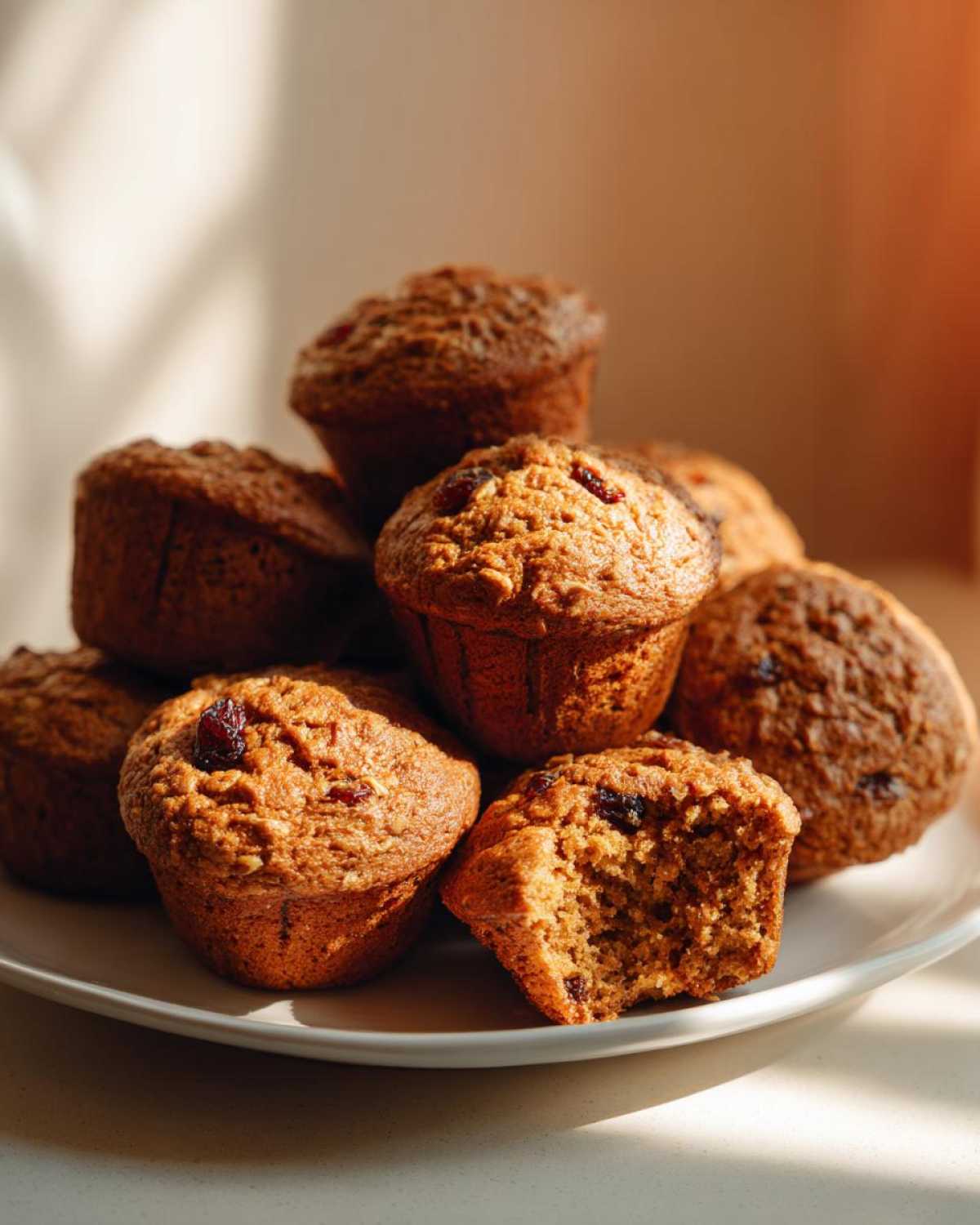 A stack of warm, golden-brown bran muffins, one of which has a bite taken out, showing the moist interior.