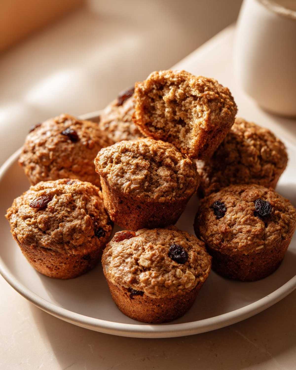 A close-up of several golden brown bran muffins piled on a light plate, showing texture and visible raisins.