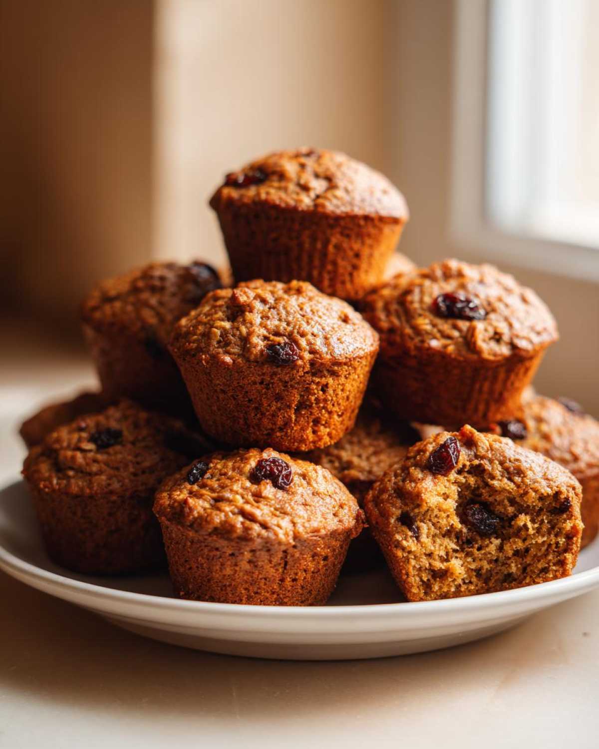 A stack of freshly baked, golden-brown bran muffins topped with raisins, displayed on a white plate.