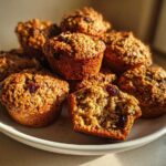 A stack of freshly baked, golden brown bran muffins with visible oats and dried cranberries, one muffin is broken open.