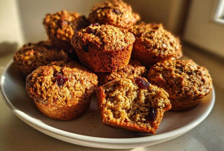 A stack of freshly baked, golden brown bran muffins with visible oats and dried cranberries, one muffin is broken open.