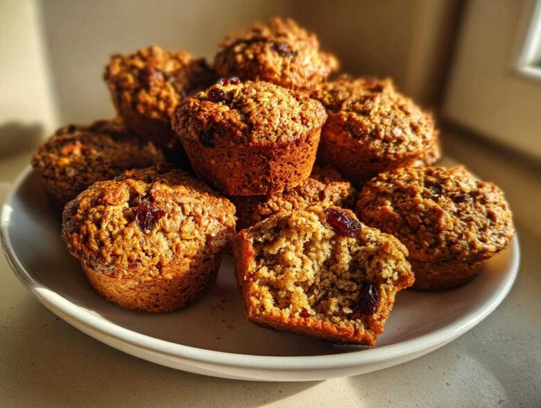 A stack of freshly baked, golden brown bran muffins with visible oats and dried cranberries, one muffin is broken open.