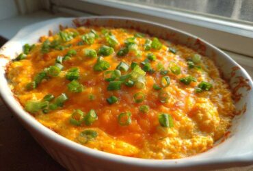 Close-up of a hot, bubbly Buffalo chicken dip topped with melted cheddar cheese and fresh green onions.