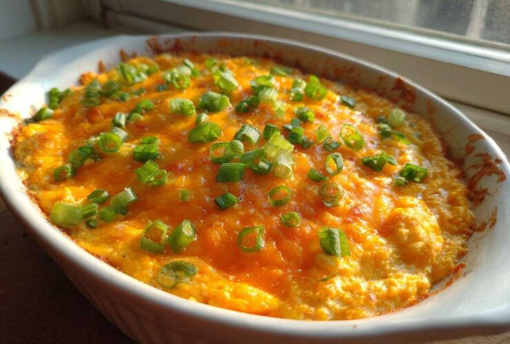 Close-up of a hot, bubbly Buffalo chicken dip topped with melted cheddar cheese and fresh green onions.