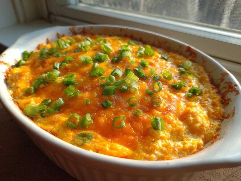 Close-up of a hot, bubbly Buffalo chicken dip topped with melted cheddar cheese and fresh green onions.