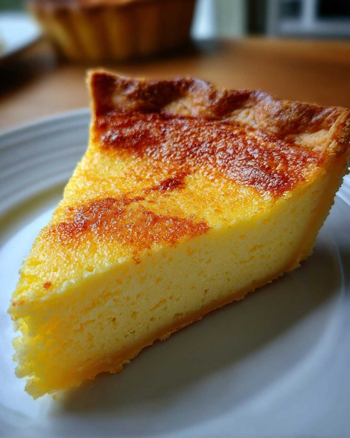 A close-up, appetizing slice of amazing buttermilk pie showing its creamy yellow interior and deeply browned, caramelized top crust.