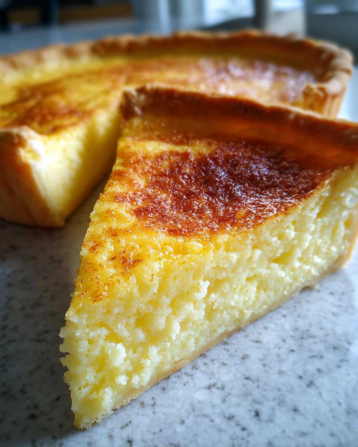 Close-up of a slice of amazing buttermilk pie showing its creamy, textured filling and browned top.