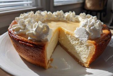 A rich, golden-crusted butterscotch pie with a slice removed, topped with swirls of white whipped cream.