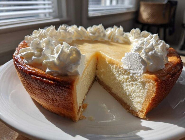 A rich, golden-crusted butterscotch pie with a slice removed, topped with swirls of white whipped cream.