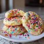 A stack of three soft, colorful cake batter cookies generously covered in rainbow sprinkles, resting on a white plate.