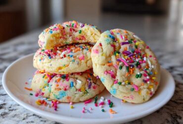 A stack of three soft, colorful cake batter cookies generously covered in rainbow sprinkles, resting on a white plate.