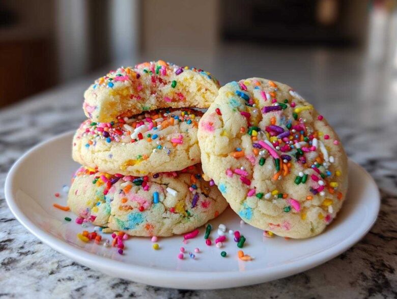 A stack of three soft, colorful cake batter cookies generously covered in rainbow sprinkles, resting on a white plate.