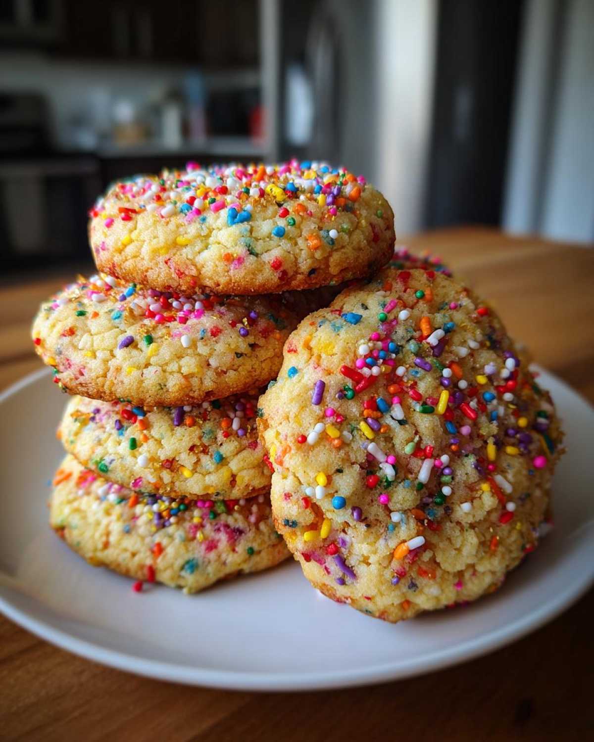 A stack of four soft, thick cake batter cookies loaded with colorful sprinkles, resting on a white plate.