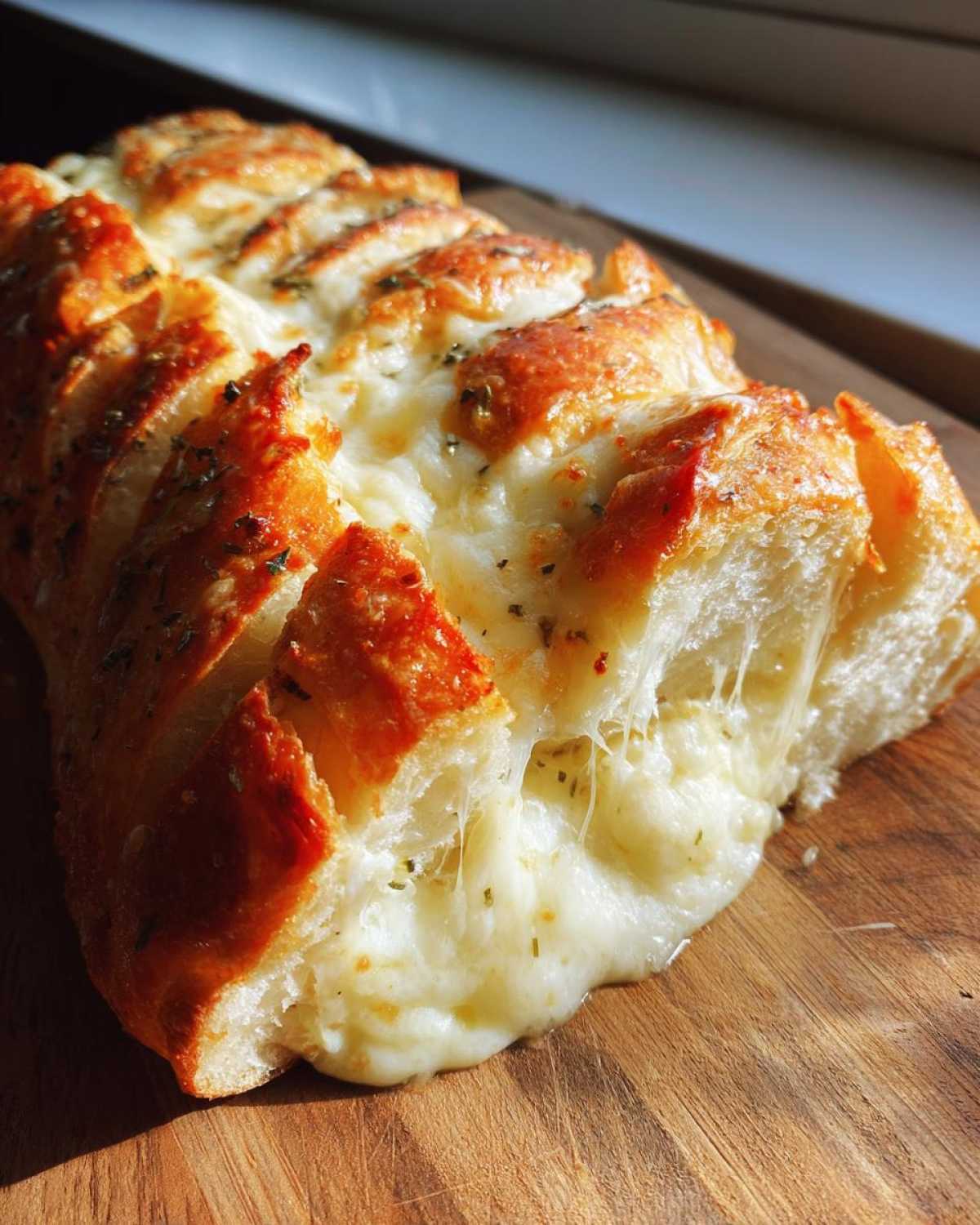 Close-up of freshly baked cheese bread with extreme cheese pull, topped with herbs, sitting on a wooden board.
