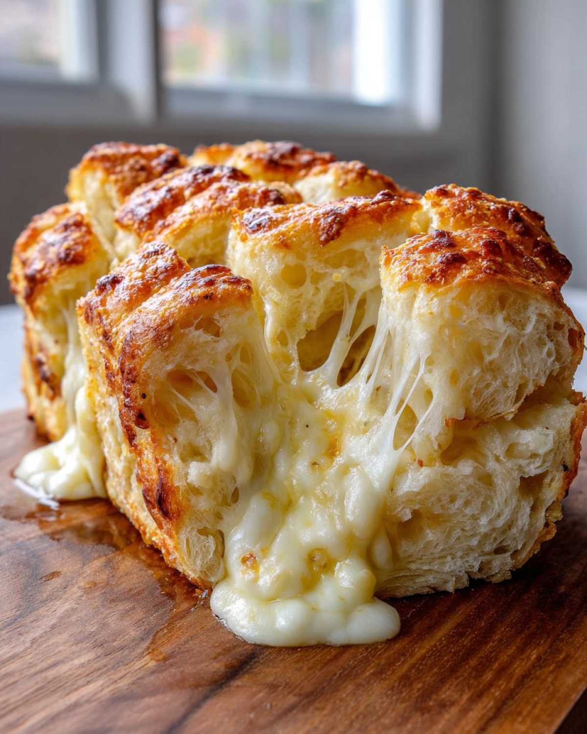 Close-up of amazing cheese bread with melted cheese stretching dramatically as a piece is pulled apart.