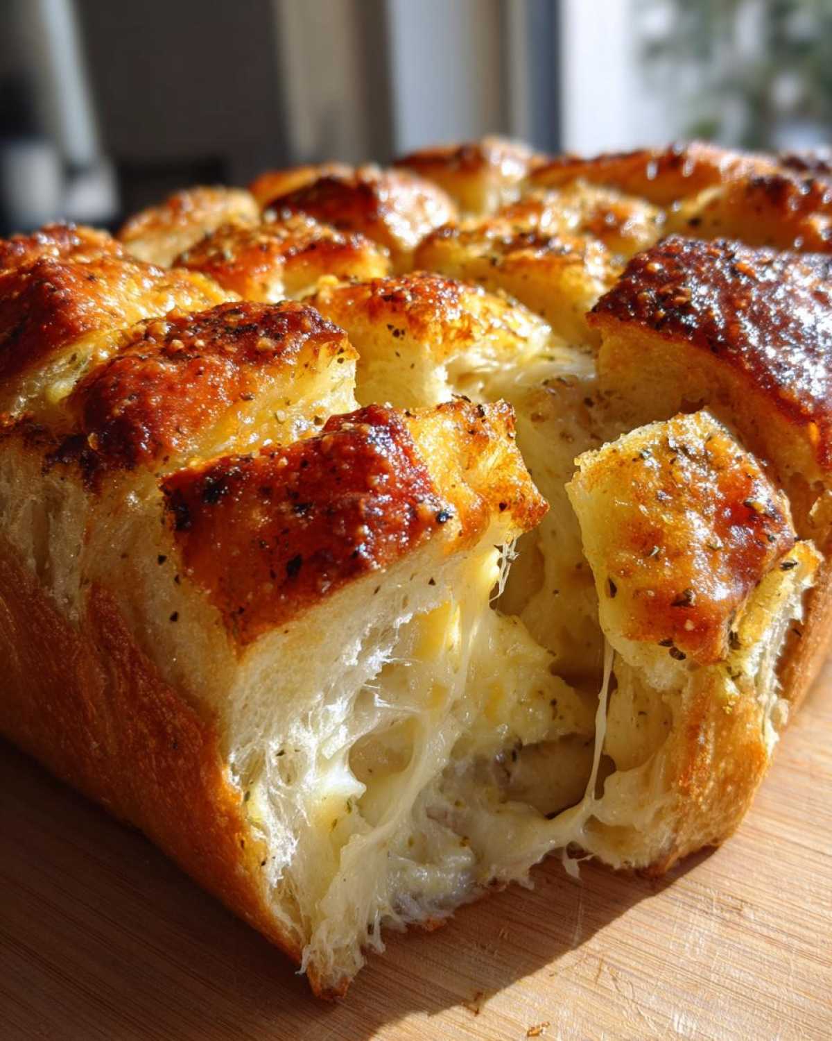 Close-up of gooey, melted cheese stretching between pieces of golden brown, herbed cheese bread.