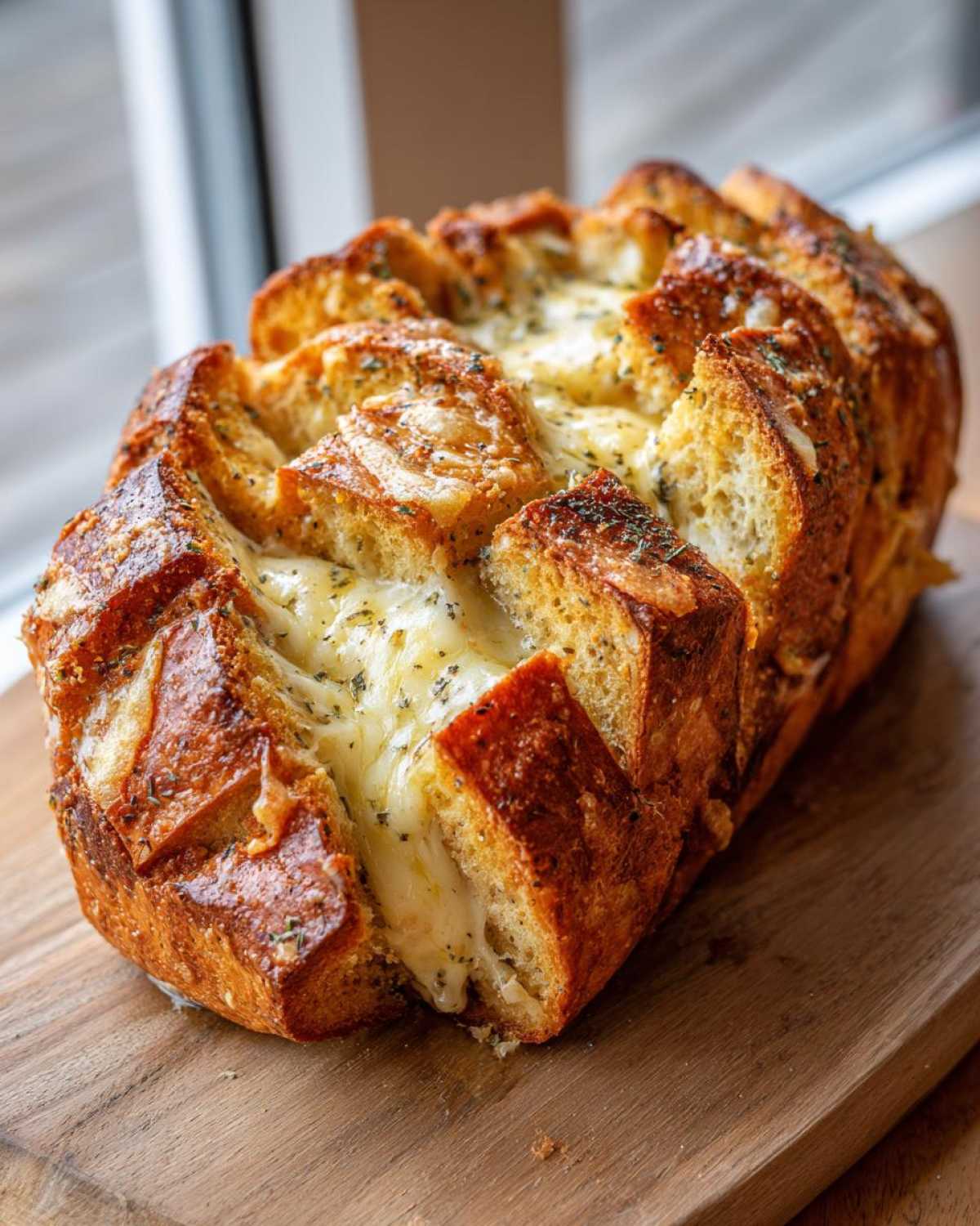 A golden-brown loaf of pull-apart cheese bread, scored and filled with melted mozzarella and herbs.