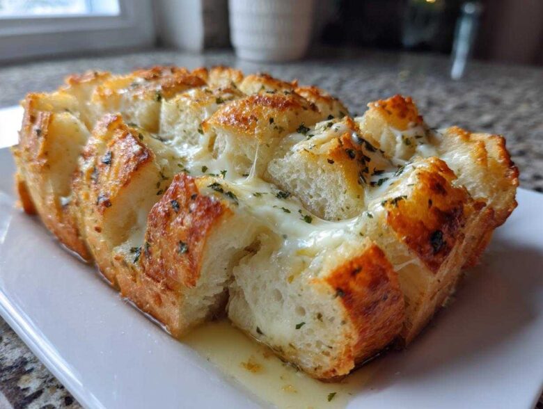 Close-up of a baked, pull-apart style cheese bread loaf with melted mozzarella and herbs.