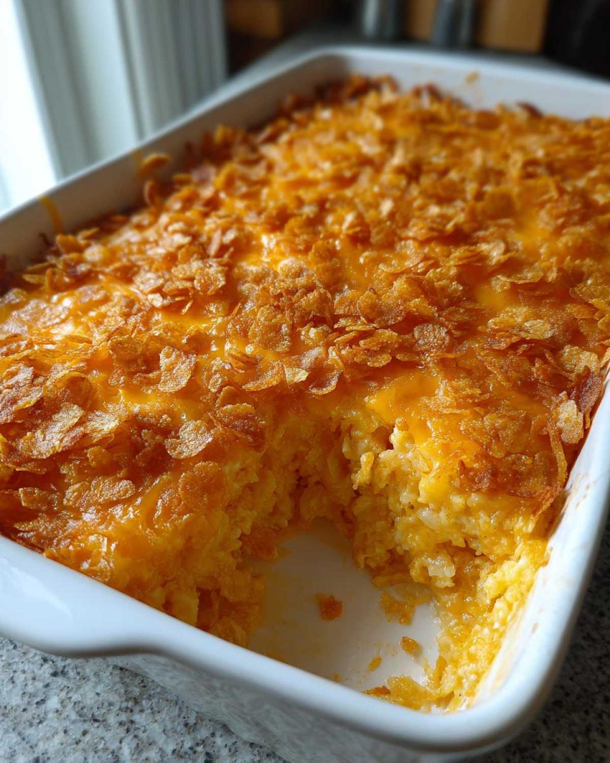 A close-up of a baked cheesy potato casserole in a white dish with a serving removed, showing the creamy interior and crunchy cornflake topping.
