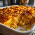 Close-up of a scoop taken from a cheesy potato bake topped with golden, crunchy cornflakes.