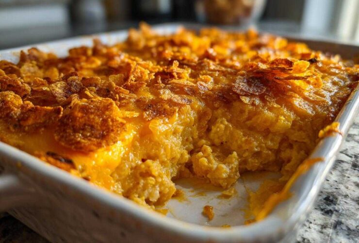 Close-up of a scoop taken from a cheesy potato bake topped with golden, crunchy cornflakes.