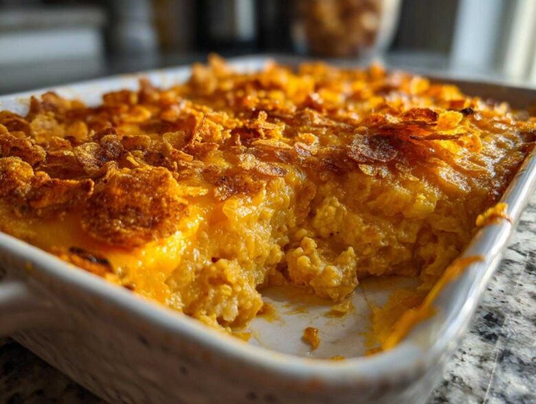 Close-up of a scoop taken from a cheesy potato bake topped with golden, crunchy cornflakes.
