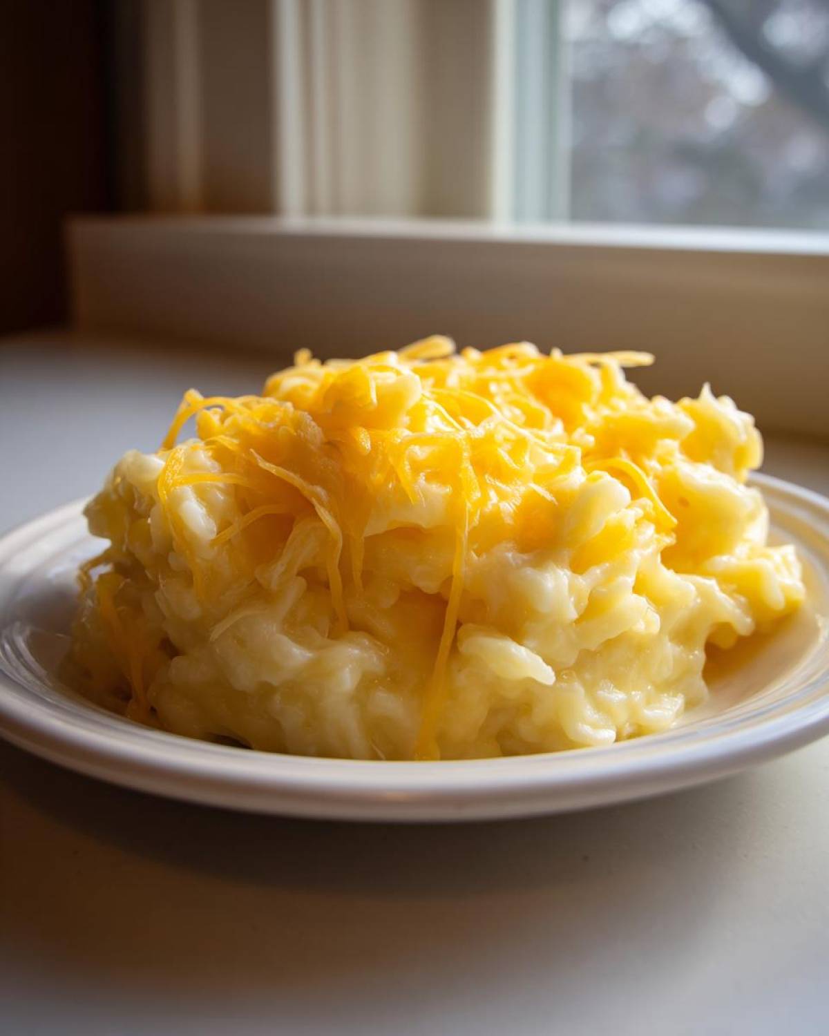A close-up of a serving of creamy, comforting cheesy rice topped generously with shredded cheddar cheese.
