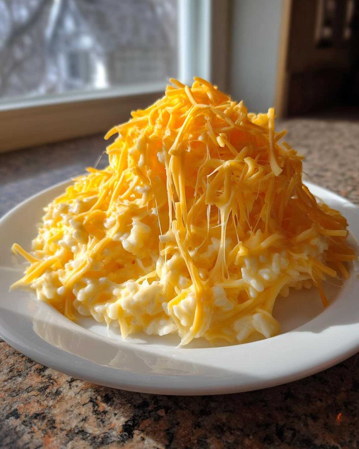 A mound of creamy cheesy rice topped generously with melting, shredded cheddar cheese.