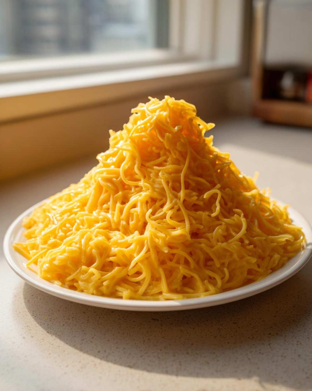 A large mound of bright yellow, cheesy rice served on a white plate, dramatically lit by sunlight from a window.