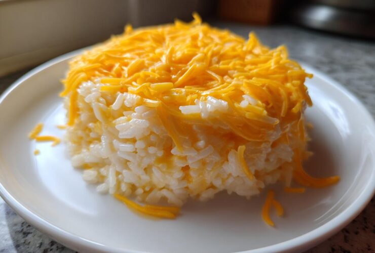 A molded serving of creamy white rice generously topped with bright orange shredded cheddar cheese, ready to eat as cheesy rice.