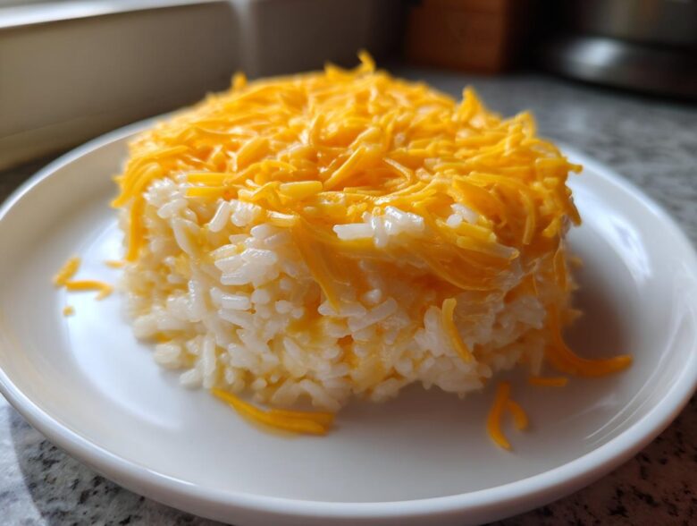 A molded serving of creamy white rice generously topped with bright orange shredded cheddar cheese, ready to eat as cheesy rice.